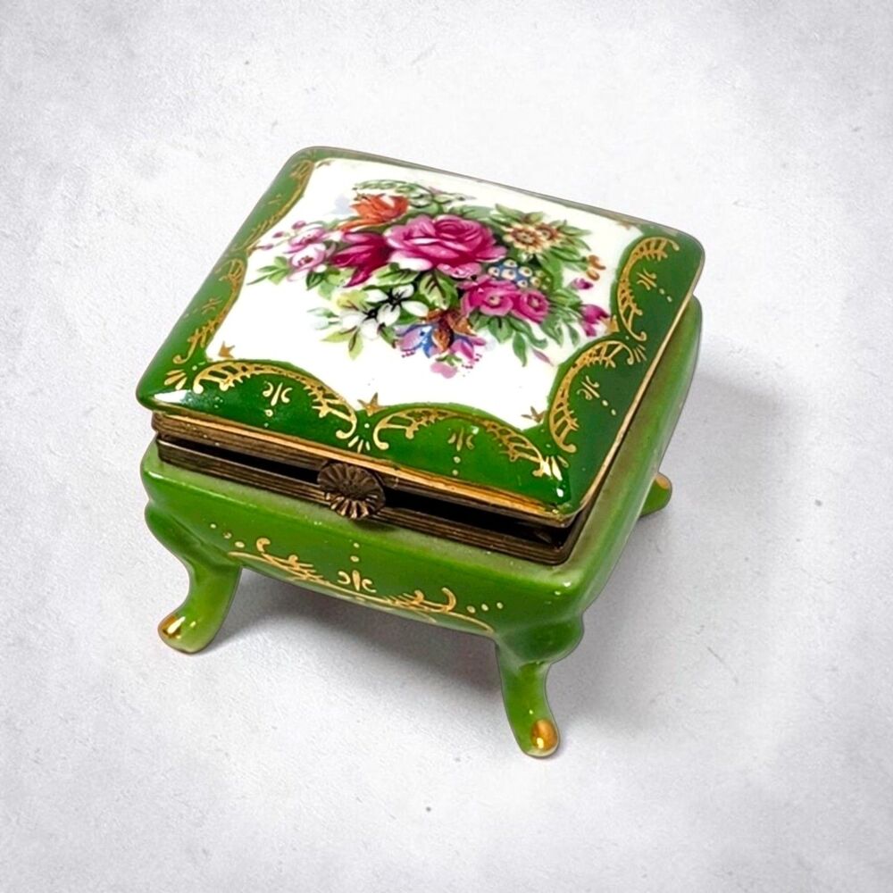 Vintage Norleans Japan Footed Porcelain Trinket Box Green Floral Gilt Vanity